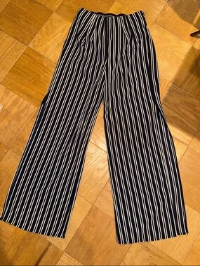 Aqua Navy and White Vertical Stripe Wide-Leg Pants